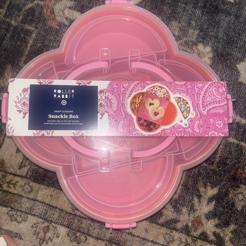 Roller Rabbit Snackle Box Pink Flower Snap Lid 5 Compartments